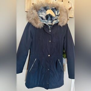 Laundry by Shelli Segal Navy Blue Faux Fur Hooded Parka Winter Coat Size XS NWOT